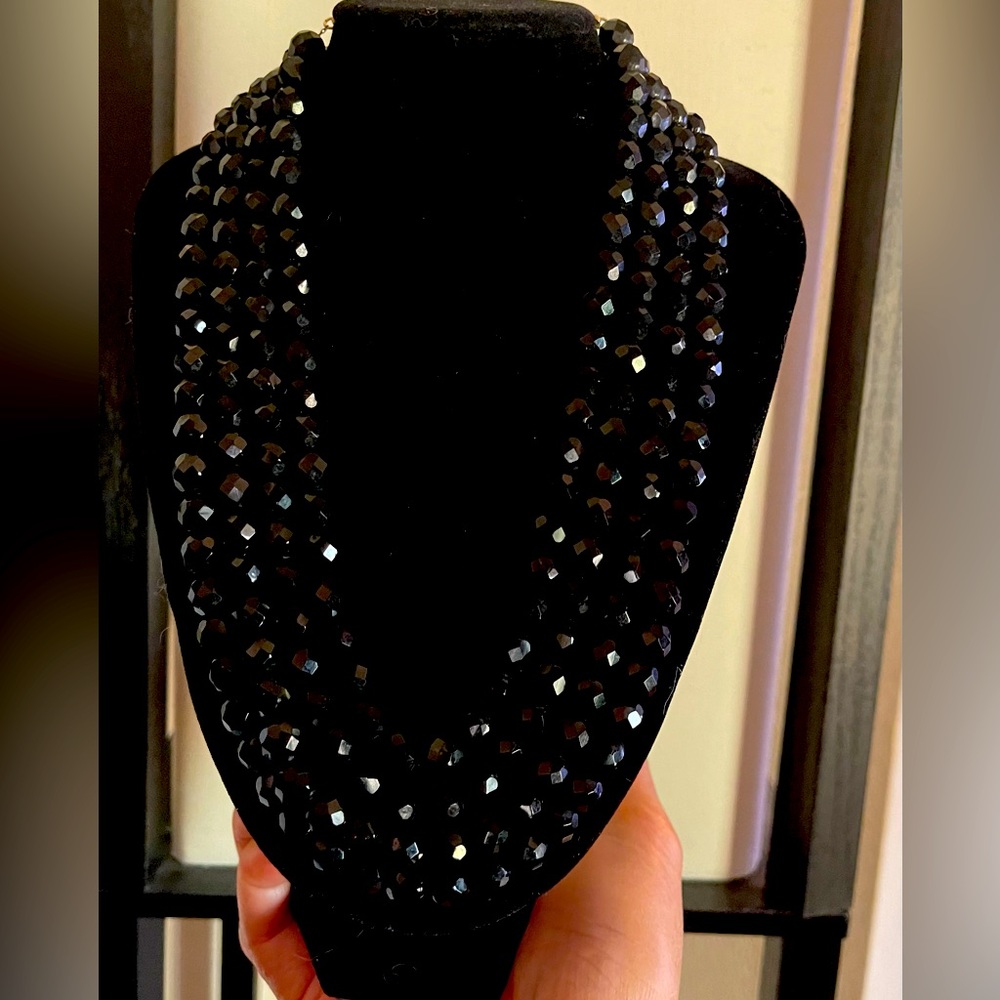 Ruby lane Black Faceted Glass Bead in Gold tone Necklace